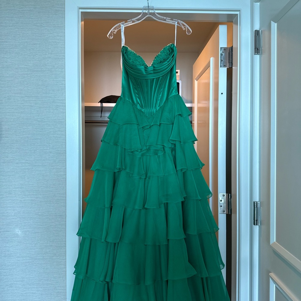 Sherri Hill Strapless Green Tiered Dress